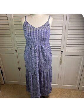 Old Navy Medium Blue & White Gingham cami maxi Dress Tiered Cotton Blend summer